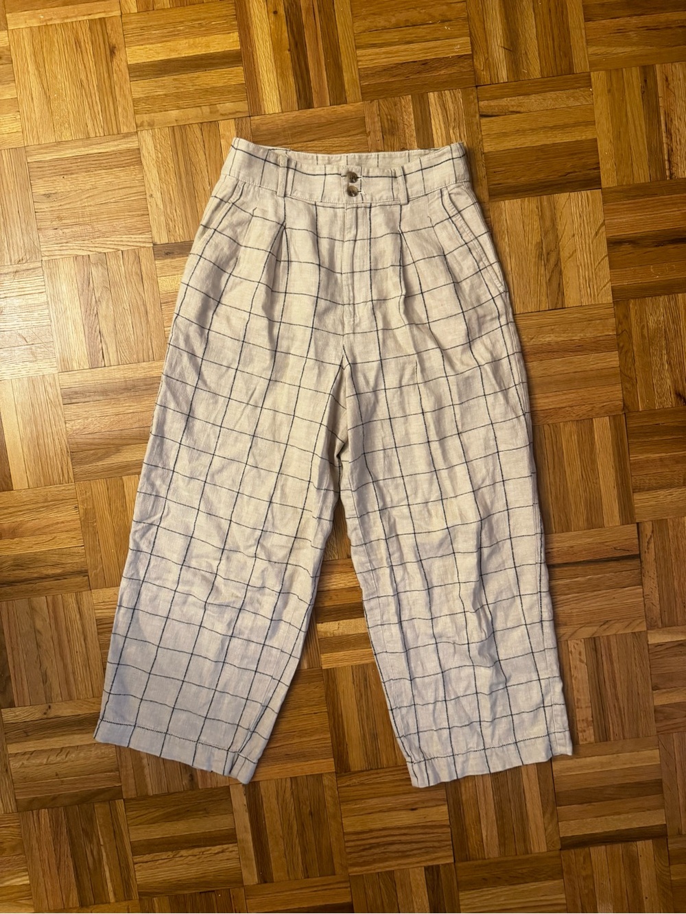 Madewell Cream Linen Plaid Pants